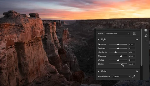 Screenshot of Adobe Lightroom's editing panel displaying adjustment sliders for a canyon landscape photo at sunset.