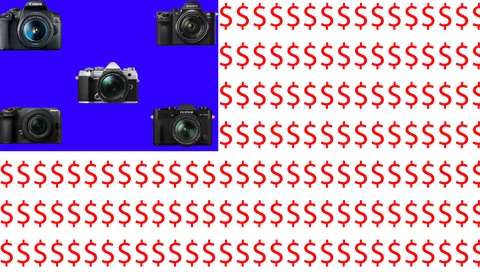 Graphic illustration showing five DSLR and mirrorless cameras arranged on a blue background with red dollar signs.