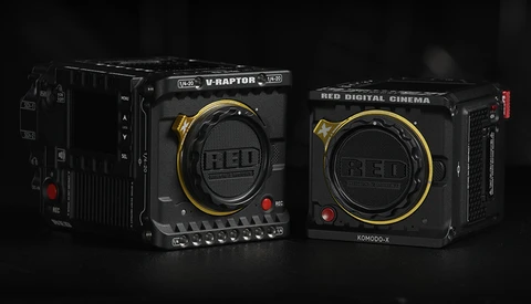 Two professional digital cinema cameras with black bodies and gold-accented lens mounts displayed against a dark background.