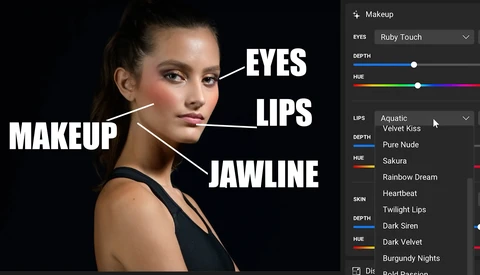 Screenshot of makeup editing software showing facial features labeled with beauty filter options.