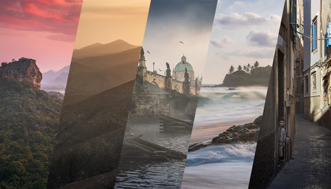 Composite of four landscape photographs showing mountains, castle architecture, and coastal scenes with varied lighting.