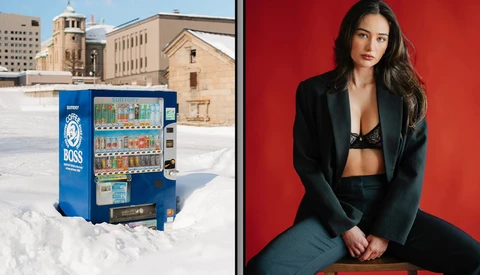 Split-screen comparison of a vending machine in snow and a studio portrait of a woman against a red backdrop.