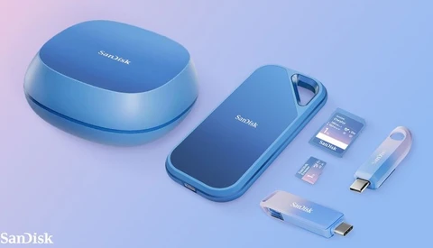 SanDisk portable storage devices and accessories arranged on a blue gradient background.