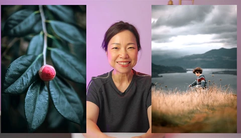 Triptych of nature and portrait photography featuring a red berry on blue-green leaves, a smiling person against a pink background, and a figure in a field by a lake.