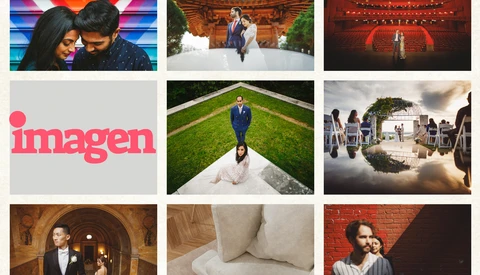Grid layout of nine wedding and portrait photography examples showcasing diverse styles and settings.