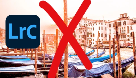 Adobe Lightroom Classic logo with red X overlay on Venice canal scene with gondolas.