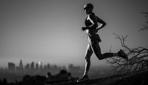 Silhouetted runner jogging on a ridge overlooking a hazy cityscape at dusk.