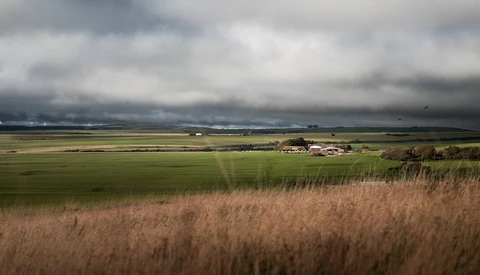 Rolling farmland with distant homestead under overcast sky and wheat field foreground.