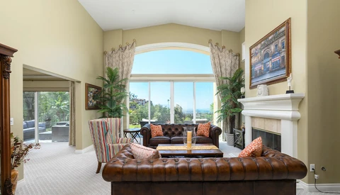 Luxury living room with high arched windows, tufted leather seating, and fireplace mantel.