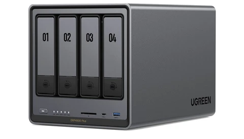 Ugreen NAS device with four labeled drive bays and front-panel controls.