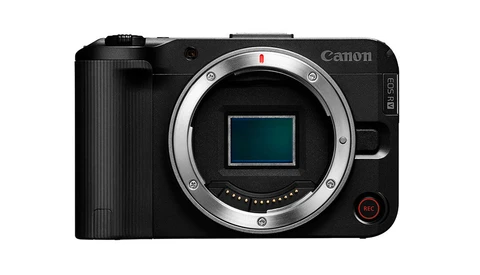 Canon EOS R5C mirrorless camera body displayed front-on with lens mount visible.
