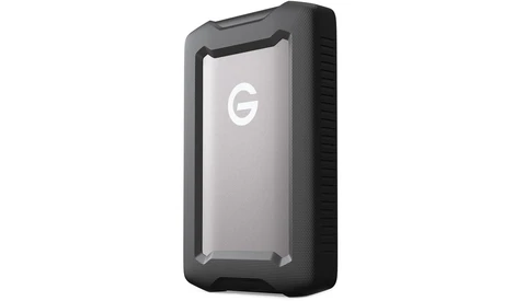 Rugged external hard drive with black protective case and gray front panel displaying a G logo.