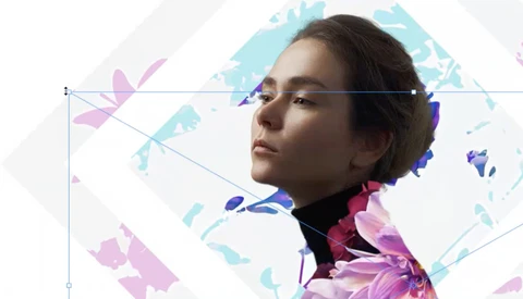 Woman in profile wearing colorful floral garment against geometric abstract background with blue and pink watercolor shapes.