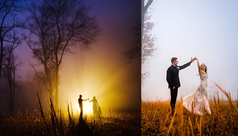 Bride and groom dancing in a golden-hour field, shown in split-frame comparison of two similar poses.