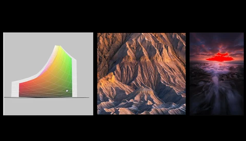 Three landscape photography examples showing color grading, terrain detail, and atmospheric lighting techniques.