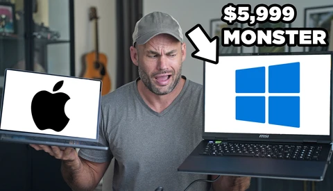 Man holding an Apple laptop and Windows laptop, with text indicating a $5,999 price point.
