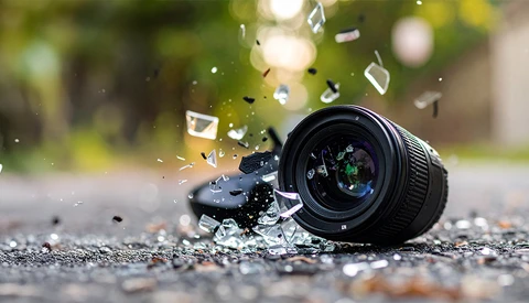 DSLR camera lying on pavement with water splashing around it.