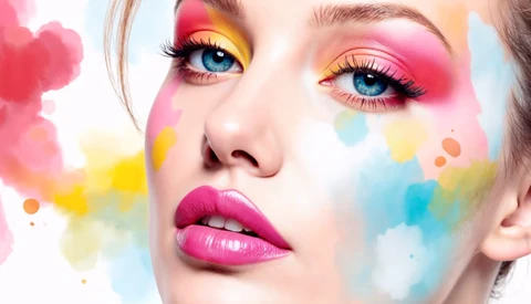 Portrait with vibrant watercolor paint effects in pink, yellow, and blue tones covering face and background.