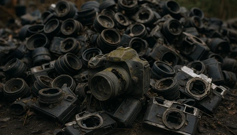 Pile of discarded film cameras with weathered black bodies and visible lens elements.