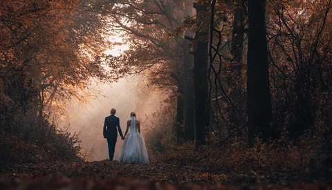 Couple in formal attire walking hand-in-hand down a tree-lined forest path during golden hour.