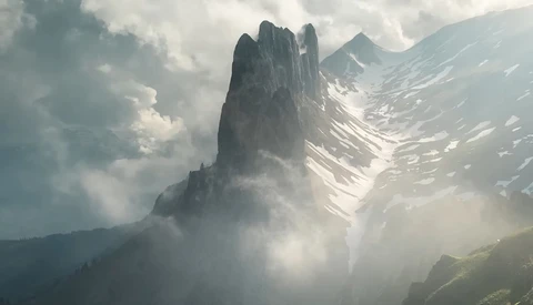 Dramatic mountain peak shrouded in mist with forested slopes and snow-capped ridges beneath cloudy sky.