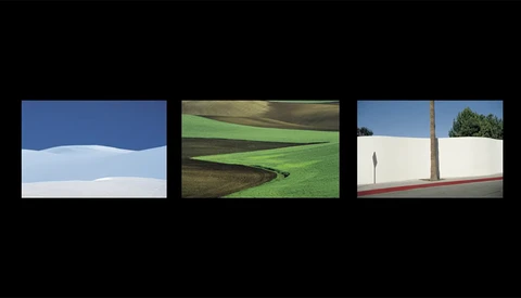 Three horizontal landscape photographs showing minimalist compositions with blue sky, green fields, and architectural elements.