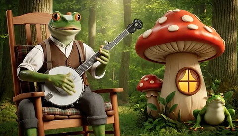 Illustration of an anthropomorphic frog playing banjo while seated in a wooden chair beside a red and white spotted mushroom house.