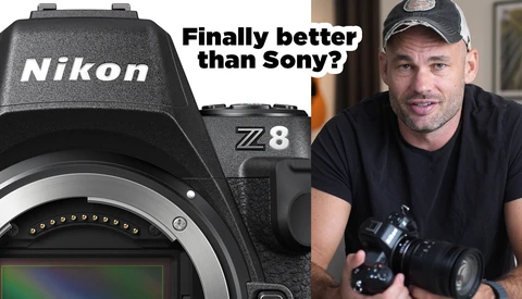 Nikon Z8 camera body displayed next to a person holding a telephoto lens.