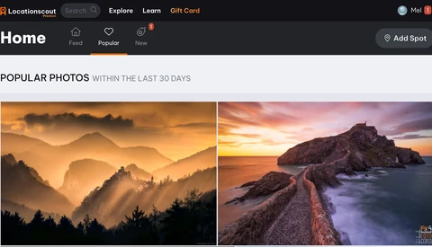 Split-screen comparison of golden misty mountains and a dramatic coastal sunset with rocky jetty.