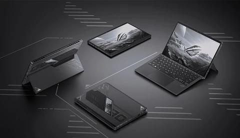 Four black electronic devices arranged on a dark surface with circuit board pattern overlay.