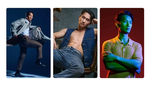 Three male portrait photographs with different lighting setups and color grading on solid backgrounds.
