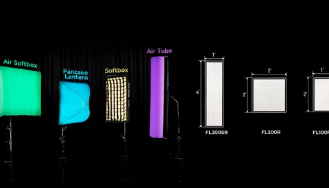Graphic showing seven lighting equipment models with dimensions and specifications displayed against a black background.