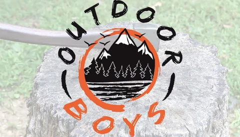 Logo for Outdoor Boys featuring mountains, forest, and water in orange and black circular design.