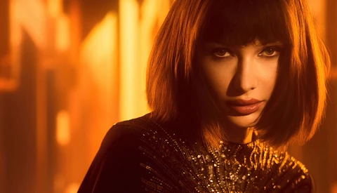 Woman with straight black hair and bangs gazing directly at camera against warm golden-orange backdrop.