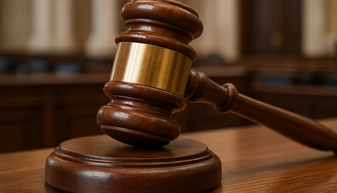 Wooden judge's gavel with brass band resting on sound block in courtroom setting.