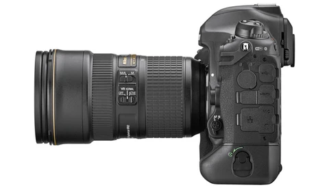 Professional DSLR camera with telephoto lens attached, shown in side profile view.
