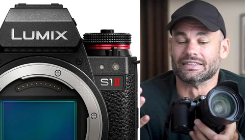 Panasonic Lumix S1 mirrorless camera body displayed alongside a photographer holding a compact telephoto lens.