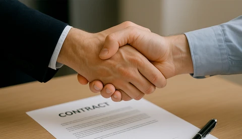Two people in business attire shaking hands over a contract on a wooden desk.