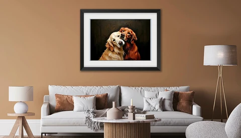 Framed portrait of a brown and white dog looking upward against a dark background.