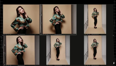 Contact sheet showing six variations of a portrait session with a woman in a patterned teal jacket against a neutral background.