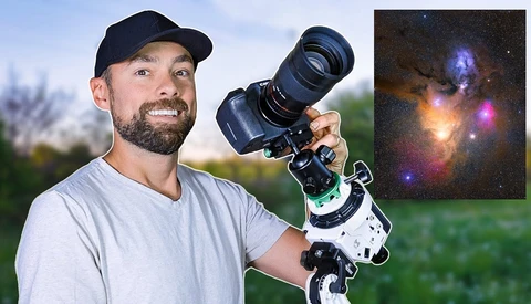 Photographer holding a telescope-mounted camera system outdoors during daytime with a nebula image inset.