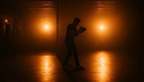 Silhouetted photographer holding camera in studio with warm amber lighting and reflective floor.