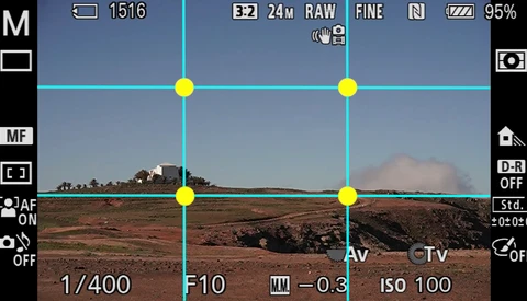 Screenshot of camera viewfinder showing composition grid overlay and exposure settings during landscape photography.
