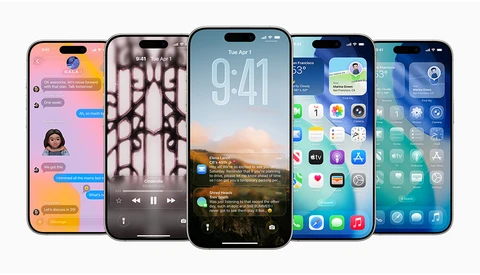 Five iPhones displaying various apps and interfaces including messaging, music playback, lock screen, and home screens.
