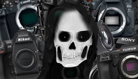 Skull illustration centered among professional camera bodies from Nikon, Canon, Sony, and Fujifilm.