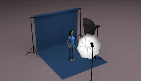 Studio setup diagram showing a model positioned in front of a blue backdrop with professional lighting equipment including umbrellas and reflectors.