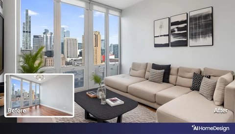 Before and after comparison of a high-rise apartment living room redesign with updated furnishings and styling.
