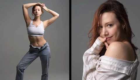Two portrait photographs showing different poses and styling against neutral gray backgrounds.