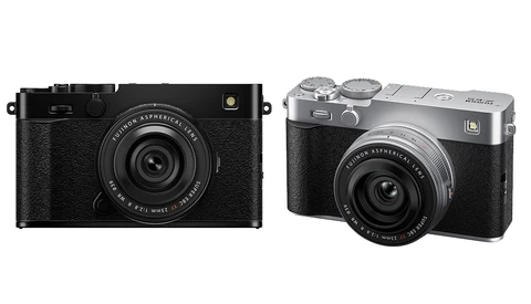 Two compact rangefinder cameras with black bodies and textured grips shown side by side.