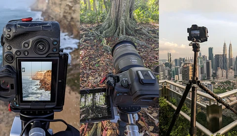 Three cameras mounted on tripods in different outdoor environments: coastal rocks, forest floor, and high-rise urban skyline.